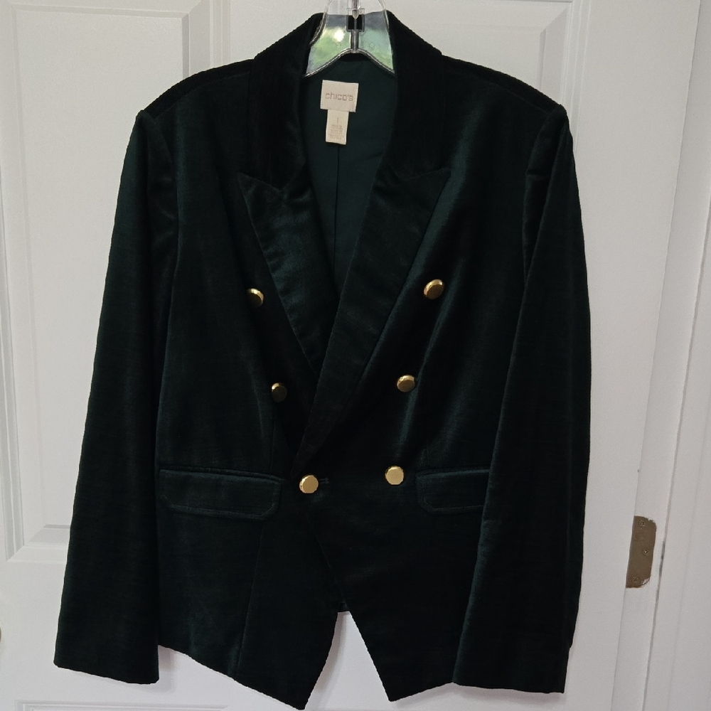 Chico's Emerald Velvet Blazer with Gold Accents